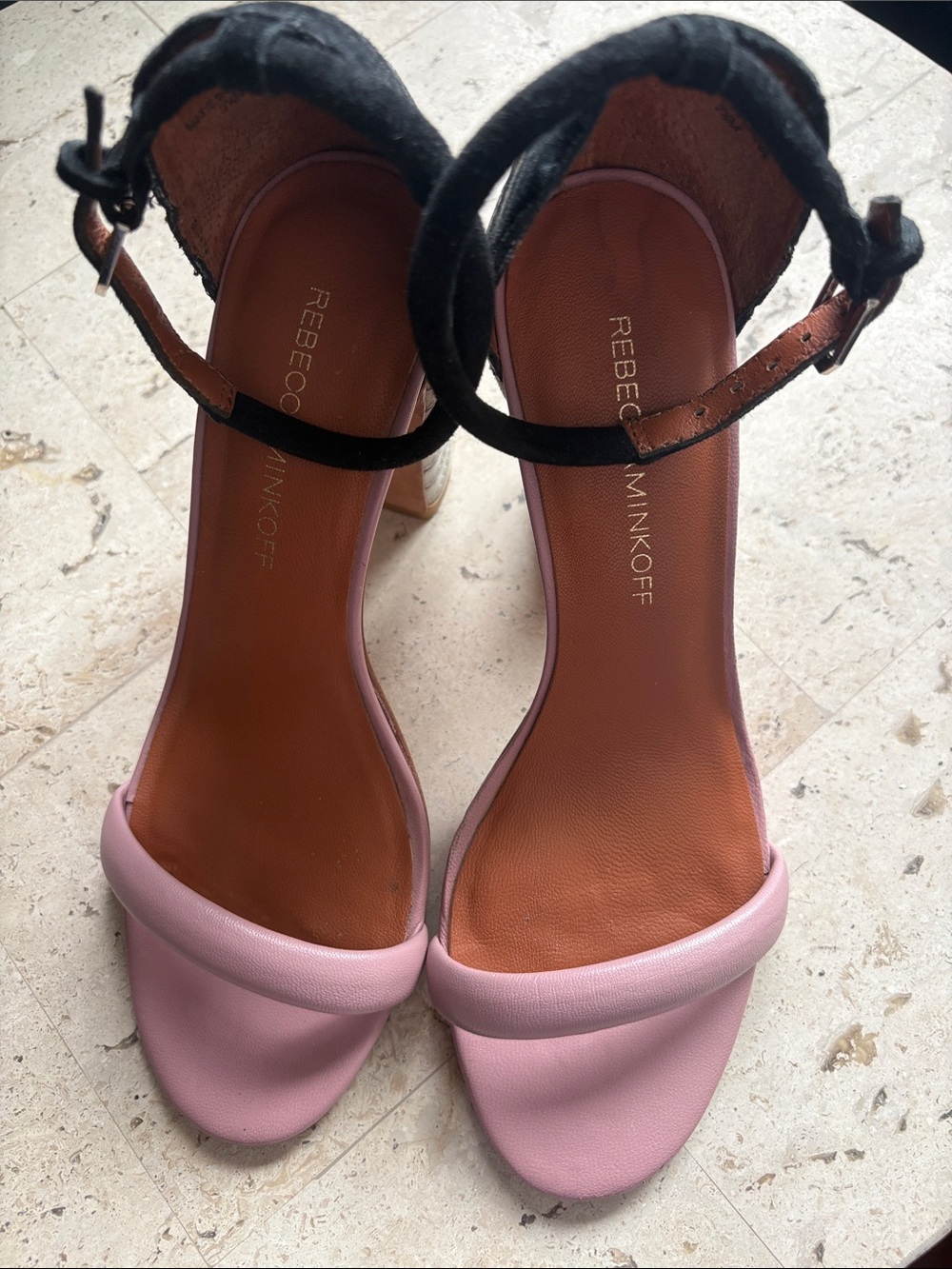 Rebecca Minkoff Pink and Black Block-Heel Ankle-Strap Sandals